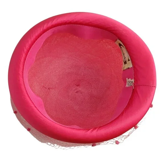 VTG Mid Century Pink Pillbox Derby Hat with Swiss Dot Netting and Bow 1950s